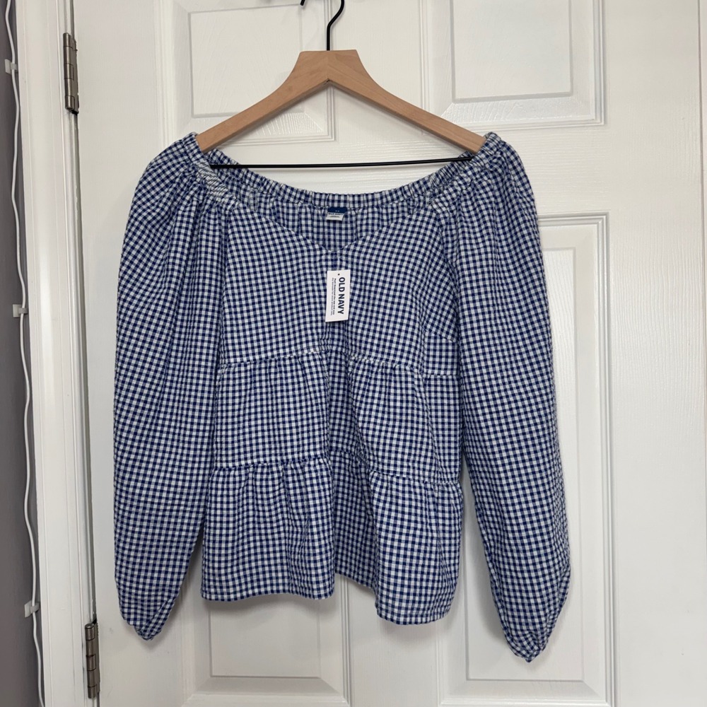 NWT Old Navy Gingham Tiered Peplum Top Sweetheart Seersucker XS Blue White Boho